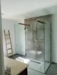 Modern glass walk-in shower with wooden accents and a ladder towel rack.